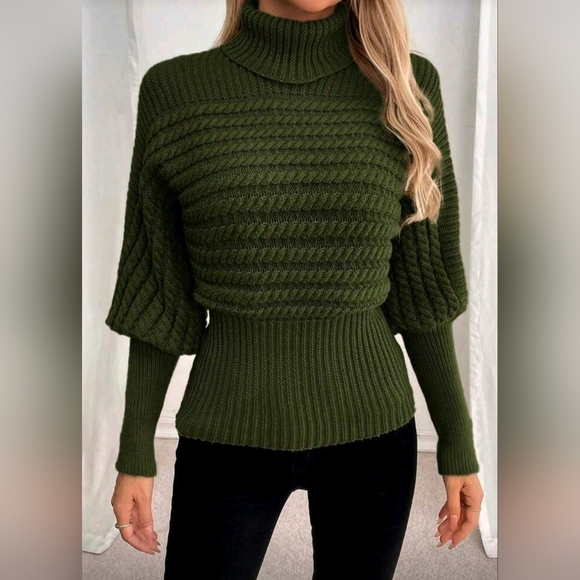 New Glam Cable Knit Turtleneck Sweater Top Leg Of Mutton Olive Green - Picture 6 of 8